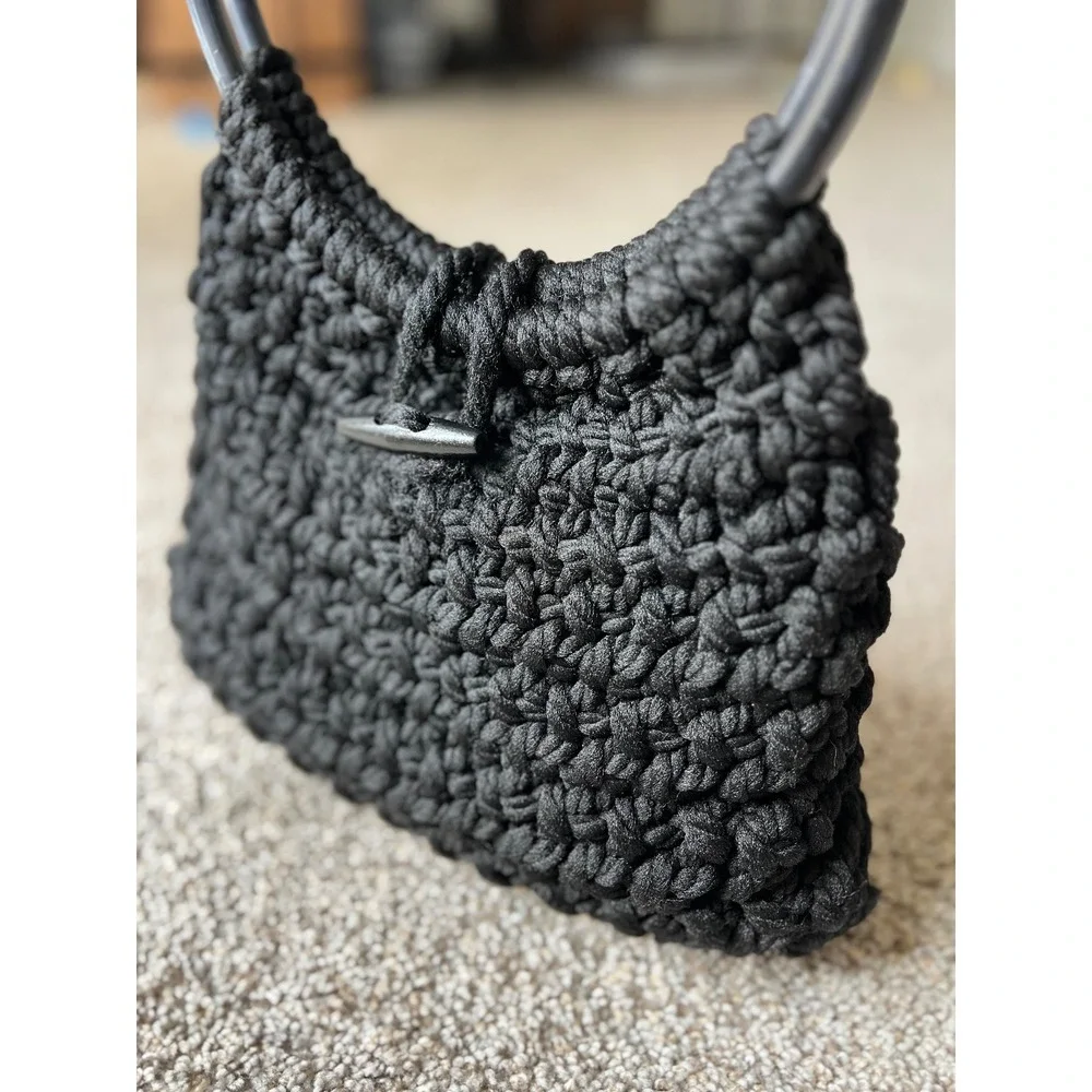 Vintage Crochet Hobo Bag Black Knitted Purse Circle Handle Boho‎ Chic